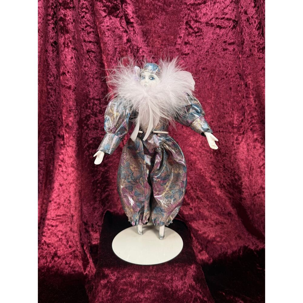 Vintage Porcelain Pierrot Doll Iridescent Floral Costume Feathered Collar Figure